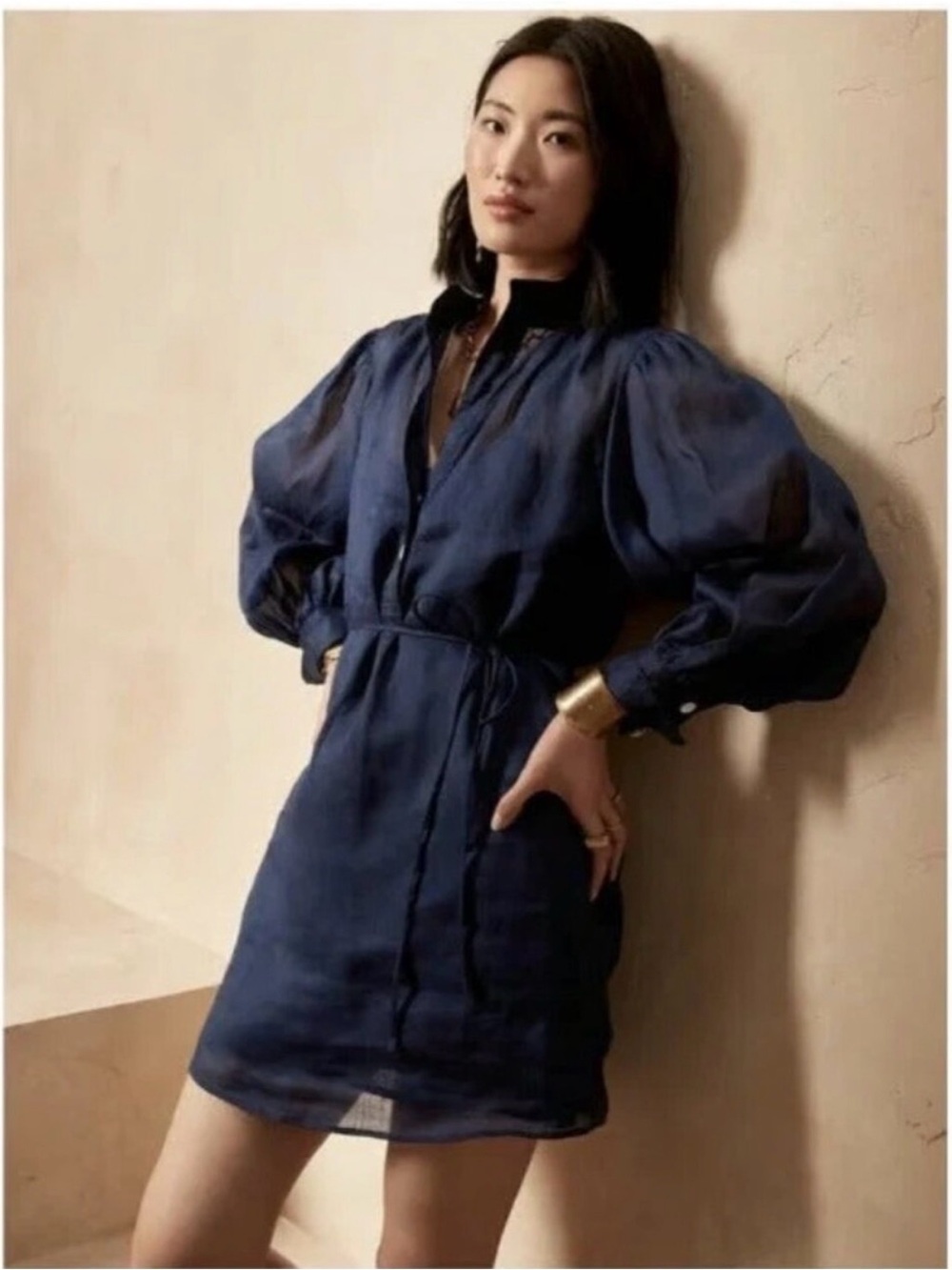 Banana Republic Navy Band-Collar Lightweight Tunic
